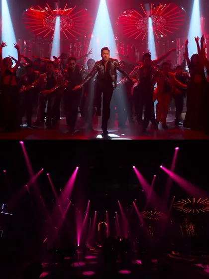 A before-and-after comparison from the song 'Bejuria'. The bottom image shows the raw set with our lighting rig, while the top shows the final shot with added visual effects and color grading.