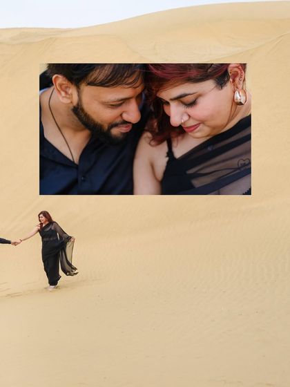 A collage from a Jaisalmer desert shoot. The close-up shows their intimate connection, while the wider shot captures the romance of walking on the sand dunes.