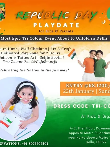 This is the official announcement for our Republic Day Playdate for kids and parents. It lists all the planned activities, including a treasure hunt, wall climbing, art projects, and unlimited play zone access.