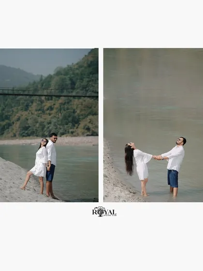 A diptych of a couple in matching white outfits by the river, showing both a posed shot and a playful, candid moment in the water.