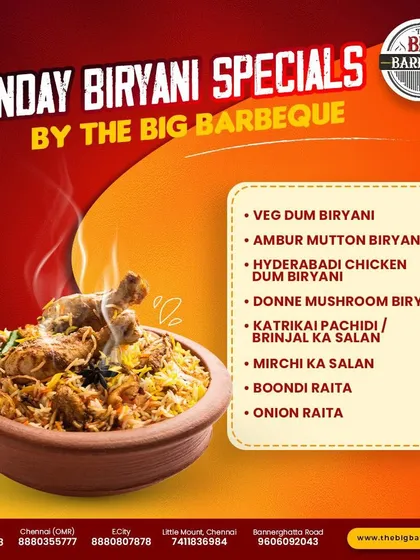 Our Sunday Biryani Specials are a must try. We serve a variety of regional biryanis, from Veg Dum to Donne Mushroom, along with classic sides like Mirchi ka Salan and Boondi Raita.