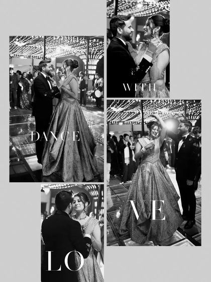 A black and white collage of the couple's dance, with the text "Dance With Me Love" creating a romantic narrative.