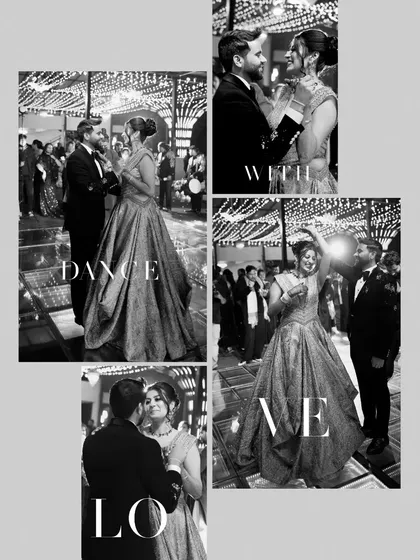 A beautiful black and white collage capturing the couple's first dance at their Sangeet, full of grace and romance.