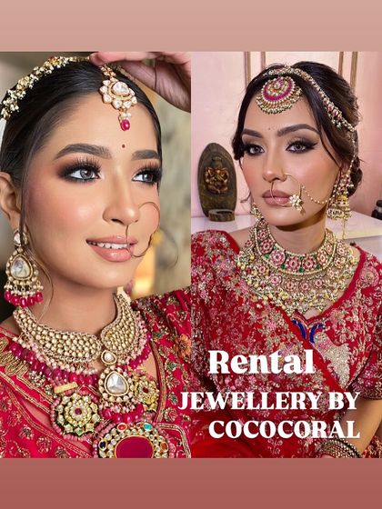 A showcase of two brides in red and pink themed jewelry. Both looks feature my rental kundan sets, perfect for coordinating with traditional bridal wear.