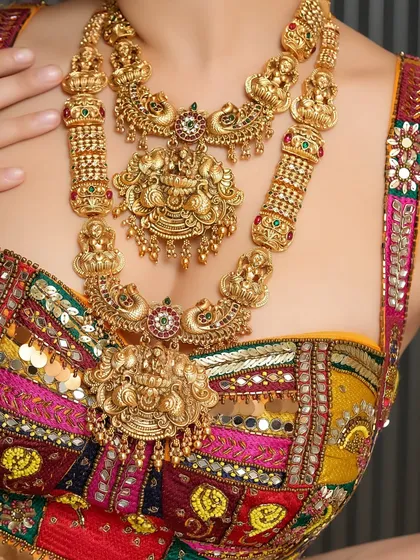A detailed shot focusing on traditional temple jewelry. This image highlights my ability to capture the texture, color, and intricate design of high-value products for catalogs and lookbooks.