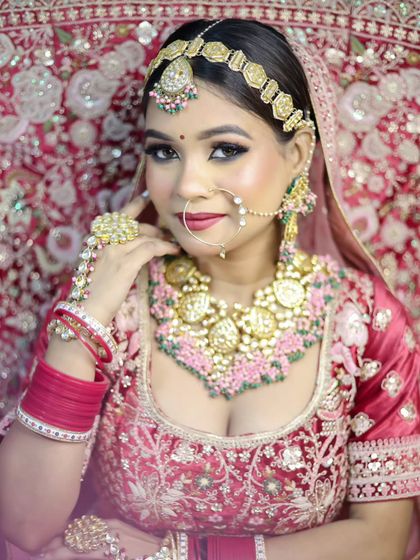 The complete bridal ensemble, showing how the makeup, hair, and outfit come together for a picture-perfect result.