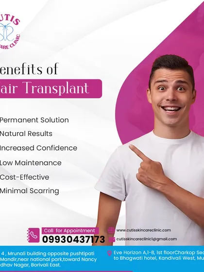 An informational graphic detailing the key benefits of choosing a hair transplant at our clinic. We list advantages such as it being a permanent solution with natural results, low maintenance, and minimal scarring, all contributing to increased confidence.