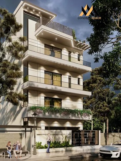 Another view of a contemporary residence under construction. This angle highlights the cantilevered balconies and the deep-set windows, which provide shade and add depth to the building's facade.