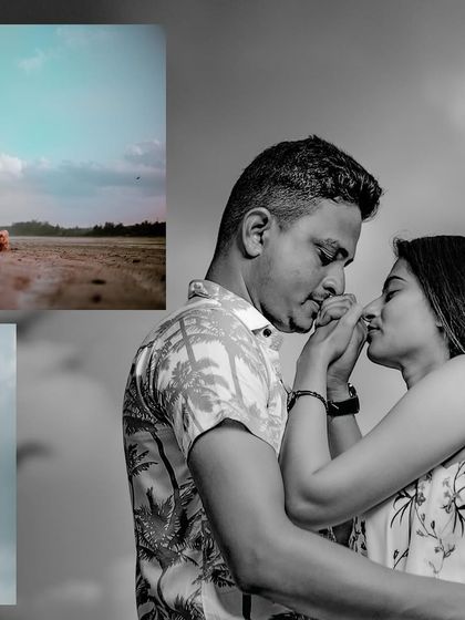 A collage blending a tender black and white portrait with colorful, romantic shots from a beach pre-wedding session.