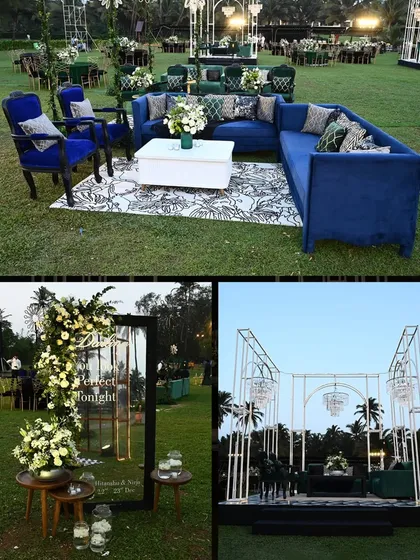 The Sangeet lounge areas were designed with plush blue velvet sofas and elegant white florals, providing a comfortable and chic space for guests to relax and enjoy the evening.