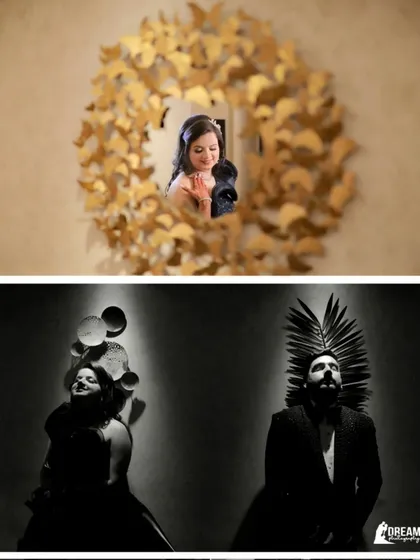 An artistic collage from a ring ceremony, combining a reflection shot with a dramatic, shadowed portrait.