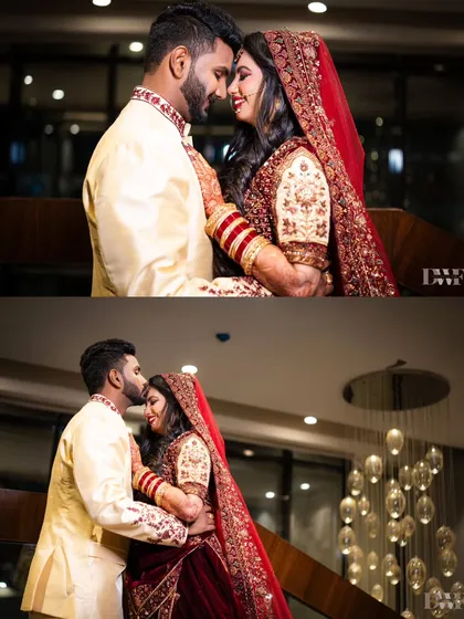 A collage of romantic portraits of the couple from their wedding reception. Their deep red and ivory outfits are a stunning combination.