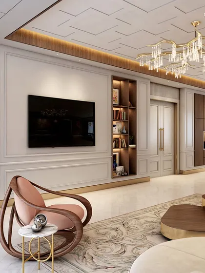 A spacious family room in a 15,000 sq. ft. Parisian-style apartment, designed for gatherings and intimate moments. The room is adorned with modern furniture, a rocking chair for a touch of classic comfort, and vibrant Indian art, creating a symphony of styles.