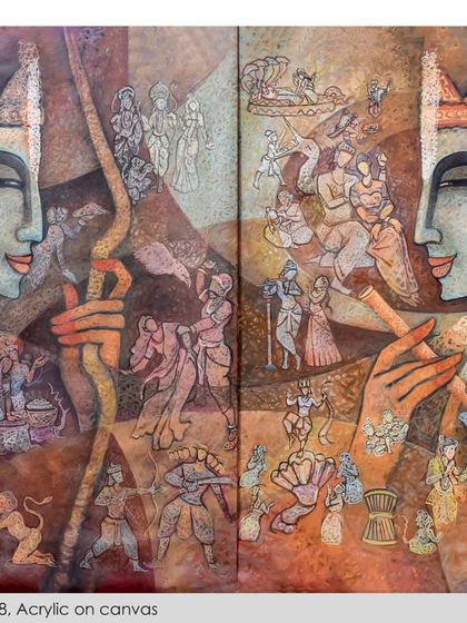 'AVATAR', a 36x48 inch diptych (two-panel painting) in acrylic, showing the avatars of Ram and Krishna with stories from their lives detailed within their forms.