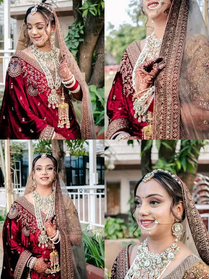A four-photo collage of the bride, Radhika, in her stunning red and gold lehenga, showcasing her complete bridal look and intricate details.