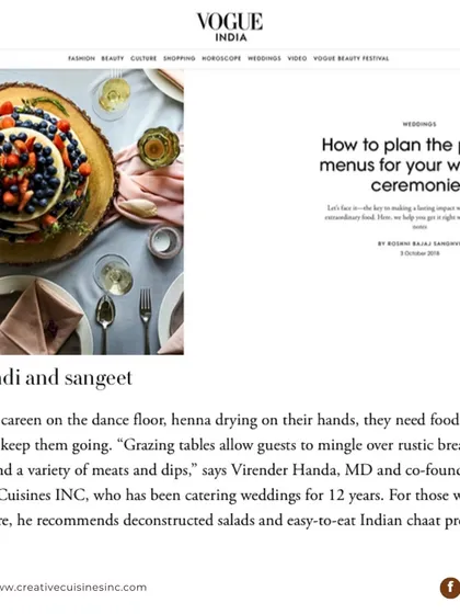 Vogue India sought our expert advice on planning the perfect menus for wedding ceremonies. In this feature, our co-founder shares insights on creating engaging food experiences for events like the Mehendi and Sangeet, from grazing tables to deconstructed salads.
