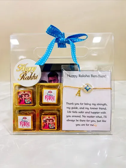 A complete Rakhi hamper I curated for a brother. This transparent gift bag includes a personalized initial rakhi, custom-wrapped chocolates, a photo frame, and a wallet with his name, making it a truly special and thoughtful gift.