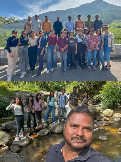 A collage from our Munnar trip, showing the group posing against the tea plantations and enjoying a refreshing dip in a stream.