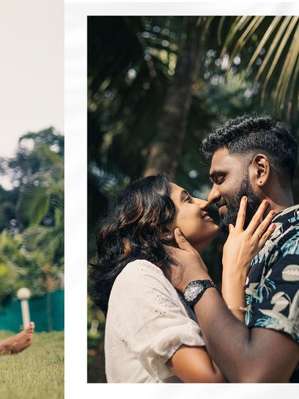 This collage combines a close-up of the couple's affectionate gaze with a wider, more relaxed shot.