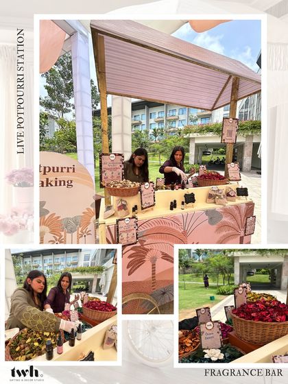 Engage the senses with our fragrance-focused stations. Here you can see our live potpourri making bar, where guests mix their own signature scents using dried flowers, spices, and essential oils.