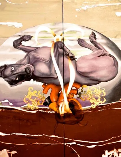 Titled "Fucchu's comeback," this large 48x72 inch oil painting is a very personal piece about love and memory. It shows how I use animal portraiture to explore deep human emotions and create a conceptual, modern piece of art.