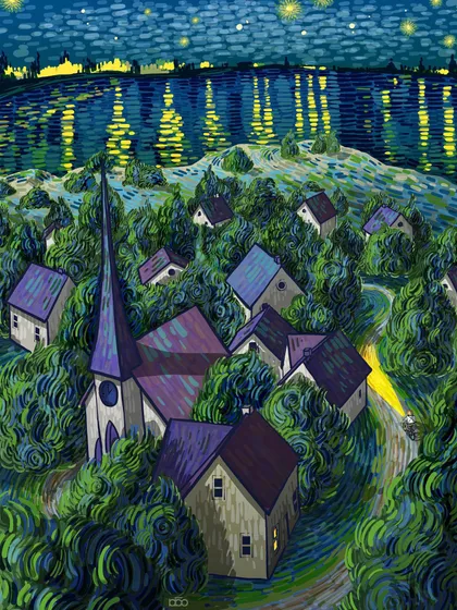 A quiet village at night, with every house and tree rendered in the energetic, swirling style of Van Gogh. The reflections of the stars and town lights dance on the water, creating a scene that is both peaceful and full of vibrant, living energy.