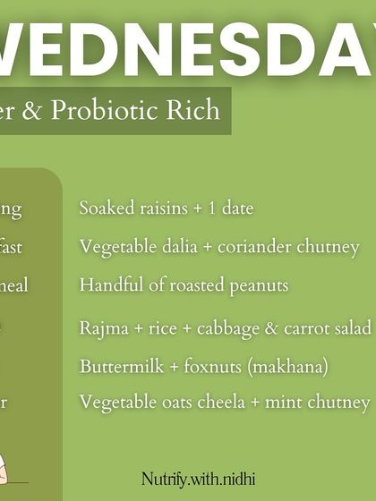 Wednesday's meals are rich in fiber and probiotics. The day includes vegetable dalia for breakfast, rajma rice for lunch, and a vegetable oats cheela for dinner, all designed to feed your good gut bacteria and keep you full.