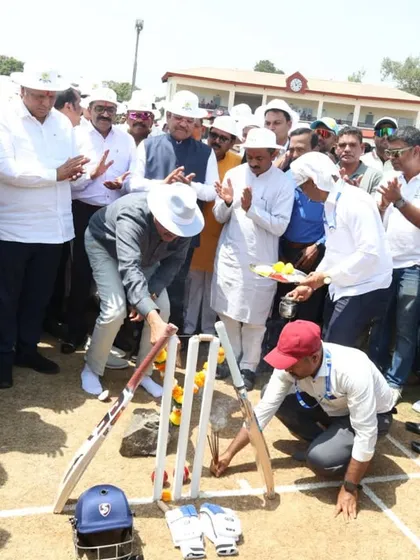 The traditional puja ceremony to mark an auspicious beginning for the Panvel Municipal Corporation's Dilip Vengsarkar Cricket Academy.