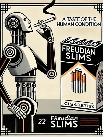 An Art Deco style ad for 'Freudian Slims', a brand of cigarettes for robots. A surreal concept that blends psychology, technology, and vintage advertising.