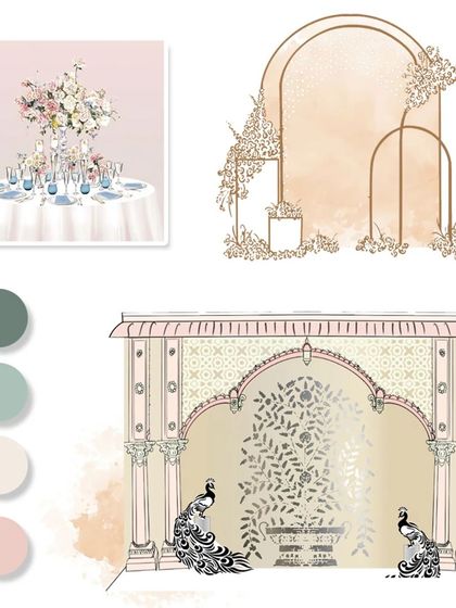 This mood board was created for an elegant indoor puja ceremony. It establishes the pastel color palette, the floral style for the table centerpieces, and the design concept for the peacock-themed backdrop.