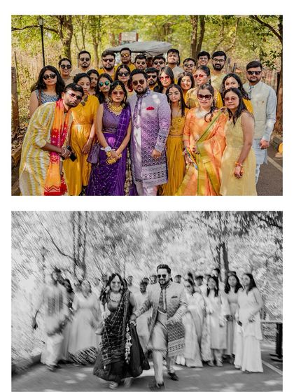 A group portrait with the entire bride and groom squad, and a dynamic motion-blur shot of them walking together.