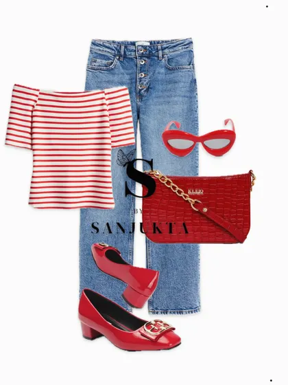 Inspired by Parisian style, this outfit combines a red-and-white striped top with classic blue jeans. The matching red accessories, including the bag, shoes, and sunglasses, tie the whole look together for a chic, coordinated feel.