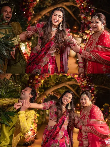 Candid moments of laughter and fun with family on the dance floor, showcasing the real, unscripted joy of the Sangeet.