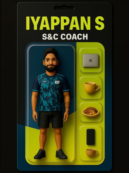 The collectible action figure for S&C Coach Iyappan. His starter pack includes his laptop, coffee, and phone, representing his dedication to programming and coaching.
