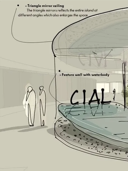 This design sketch details the feature wall and water body at the entrance of the Cochin Airport. It shows our early thinking on how to use reflections and water to create a sense of arrival and magnify the scale of the space.