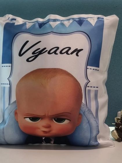A fun, personalized cushion featuring the 'Boss Baby' character and the name 'Vyaan'. I can create cushions based on any theme your child loves.