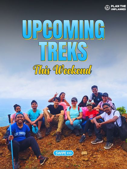 A group of smiling trekkers on a hilltop, ready for their next adventure. Swipe to see our full list of upcoming weekend treks.