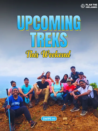 A group of smiling trekkers on a hilltop, ready for their next adventure. Swipe to see our full list of upcoming weekend treks.