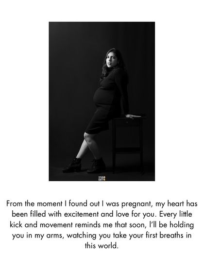 Sometimes, a portrait is a love letter to your unborn child. This image pairs a classic black and white maternity photo with heartfelt words, capturing the deep love and anticipation that fills these final weeks of pregnancy.