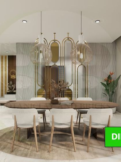 This 3D design for a dining area demonstrates our Modern Art Deco style. We conceptualized a space that blends elegance and modernity, featuring a statement lighting fixture, bespoke metallic partitions, and a mix of rich textures to create a sophisticated environment for dining and entertaining.