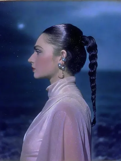 A profile shot of Kavya Trehan against a deep blue, starry backdrop. This image feels like a still from a futuristic film, timeless and elegant.