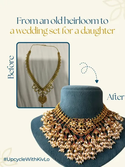 We transformed an old heirloom necklace into a grand wedding set for a daughter. By adding layers of pearls and reworking the original gold, we created a bridal piece that is both new and full of history.
