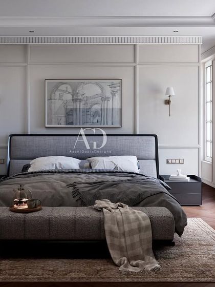 One of my favorite color palettes: soft, warm, and inviting. This bedroom uses shades of grey and beige to create a serene and sophisticated retreat, with a cozy window seat for reading and relaxing.