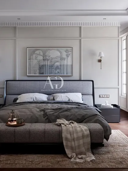 One of my favorite color palettes: soft, warm, and inviting. This bedroom uses shades of grey and beige to create a serene and sophisticated retreat, with a cozy window seat for reading and relaxing.