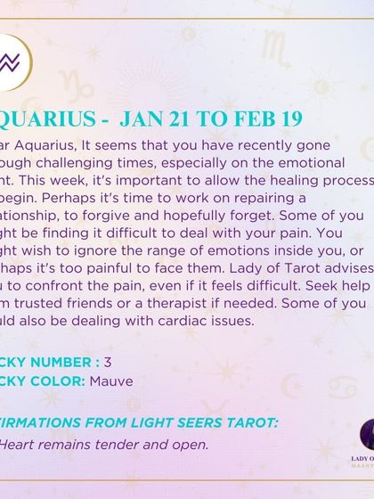 This week's reading for Aquarius suggests it's time for the emotional healing process to begin. I advise you to confront your pain, even if it feels difficult, and seek help from trusted friends if needed.