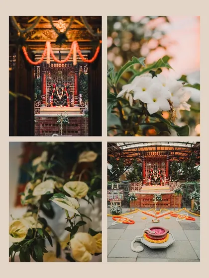 A collage of decor details, from the deity at the mandap to the beautiful floral arrangements, setting the scene for a traditional wedding.