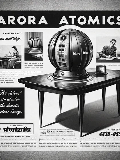 A detailed newspaper layout for an Arora Atomics product, complete with fictional copy and technical details. I enjoy the world-building aspect of creating these fake ads.