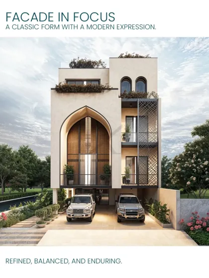A full view of the arch-themed facade, showcasing its balanced and refined form. The design combines classic shapes with a modern expression for an enduring aesthetic.