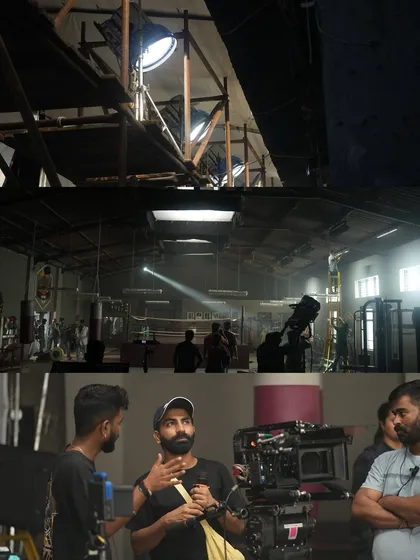 A behind-the-scenes look at the lighting setup for the boxing gym in the Star Cement ad. This collage shows the overhead rig and the crew working to perfect the look.
