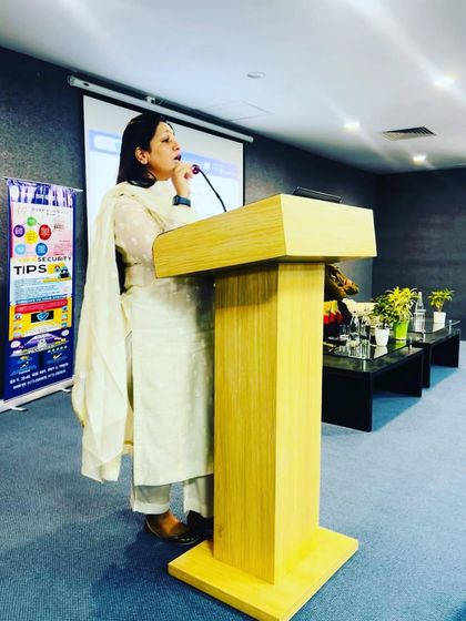 Speaking at the podium during the Cyber Awareness session. I focus on practical tips for students to stay safe online.